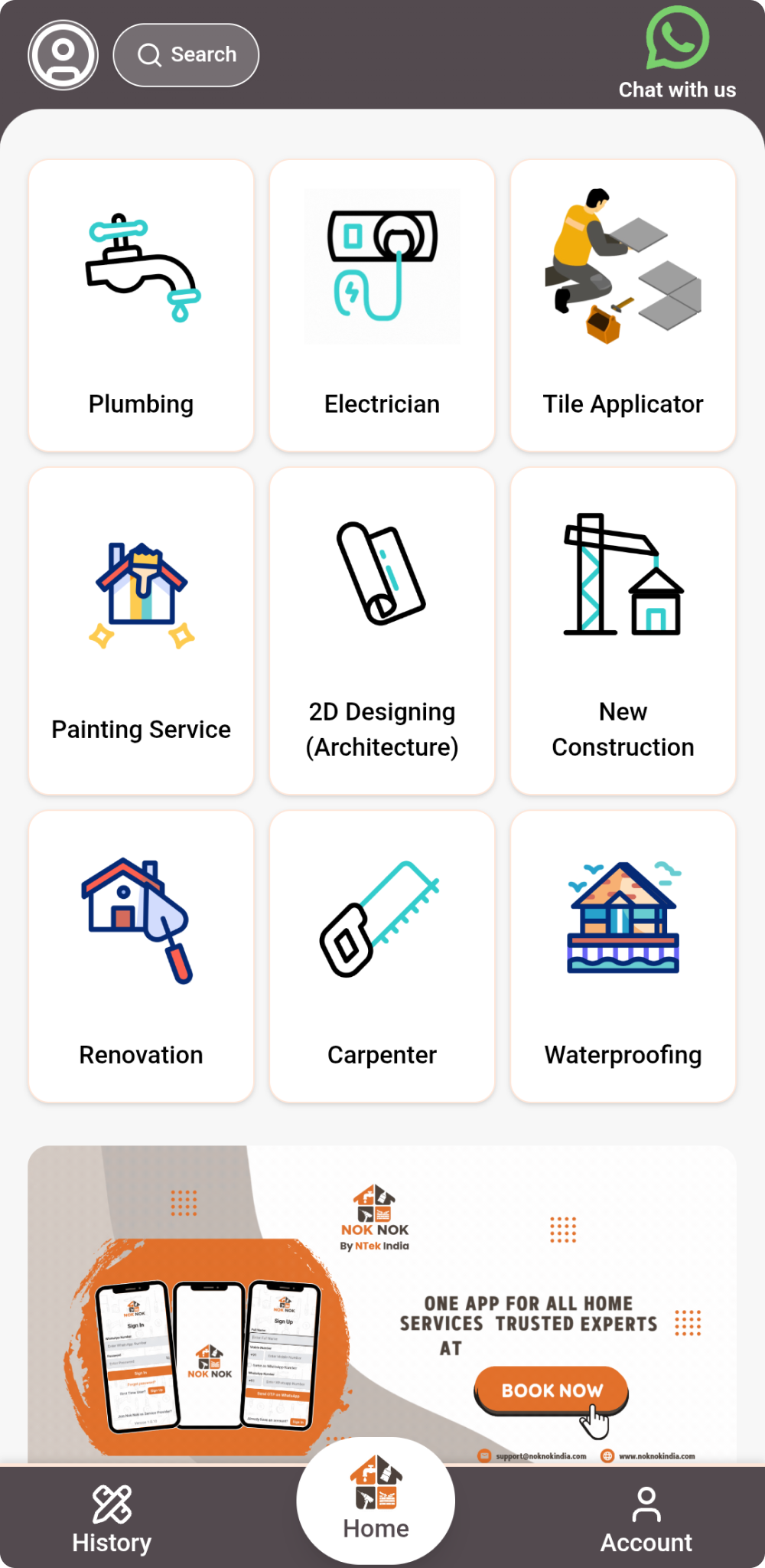 Nok Nok App Screenshots showing plumbing and electrical service booking interface